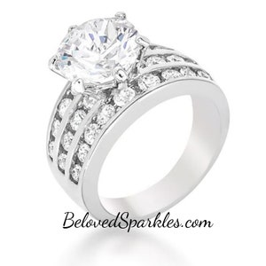 Patina 10mm Round Cut 3.9 carat Cubic Zirconia Solitaire Engagement Ring on Silver or Gold -7.5ct Wide Band Wedding Anniversary Ring