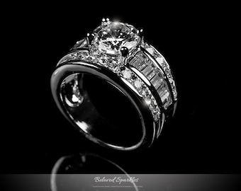 Liana Luxurious 8mm 2.5ct Round Engagement 6.5 Carat Cubic Zirconia Ring-Round Cut Baguette CZ Wide Band Bridal Wedding Anniversary Ring