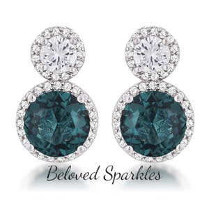 Doria 4.2ct Blue Green CZ Halo Drop Silver Stud Earrings-Festive Holiday Cubic Zirconia Faux Diamond Silvertone Vintage Fashion Earrings