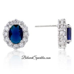Kate Oval Sapphire Halo 2.5 Carat CZ Earrings-Royal Sapphire Blue Cubic Ziconia Post Earrings-Sapphire Oval Halo Diamond Stud Earrings