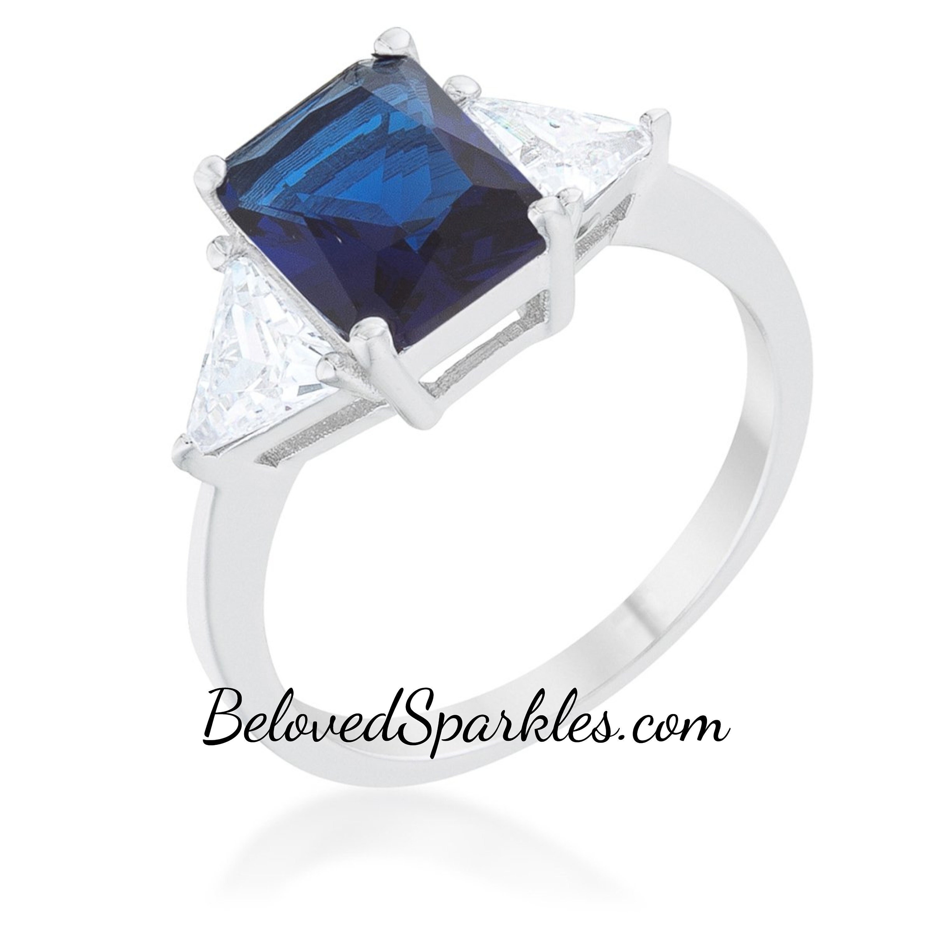 Gretchen 3ct Sapphire Blue Radiant Cubic Zirconia Three Stone 4.5ct Silver Engagement Ring-Radiant Cut Tri Stone Wedding Anniversary Ring