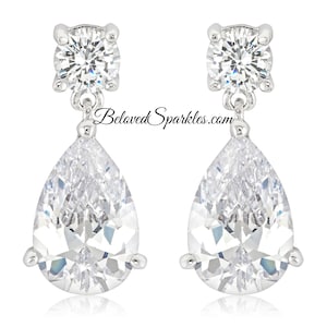 Lia 12 Carat Pear Cut Drop CZ Silver Earrings-Tear Drop Dangle Cubic Zirconia Diamond Silvertone Earrings-Wedding Bridal Bridesmaid Earrings