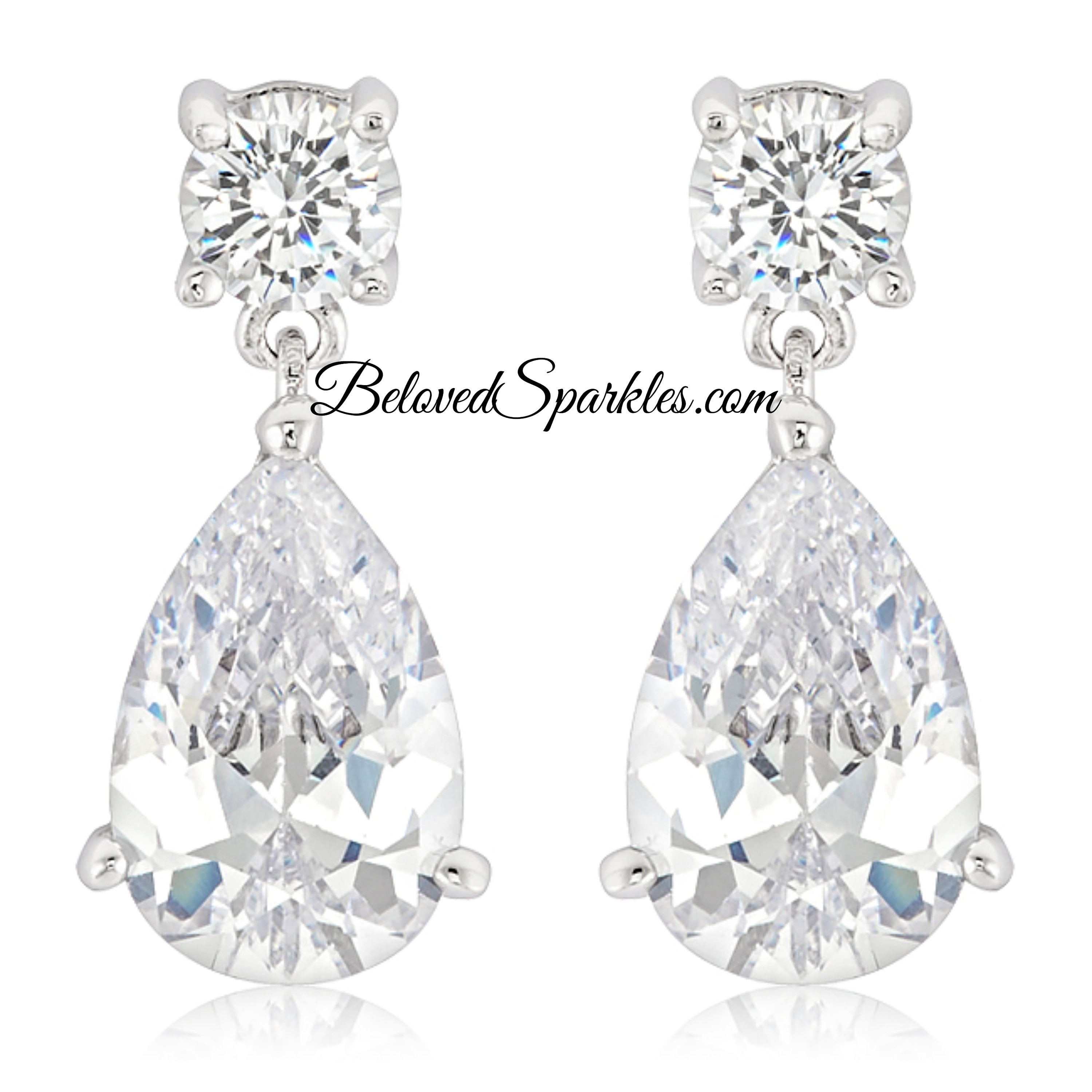Lia 12 Carat Pear Cut Drop CZ Silver Earrings-Tear Drop Dangle Cubic Zirconia Diamond Silvertone Earrings-Wedding Bridal Bridesmaid Earrings