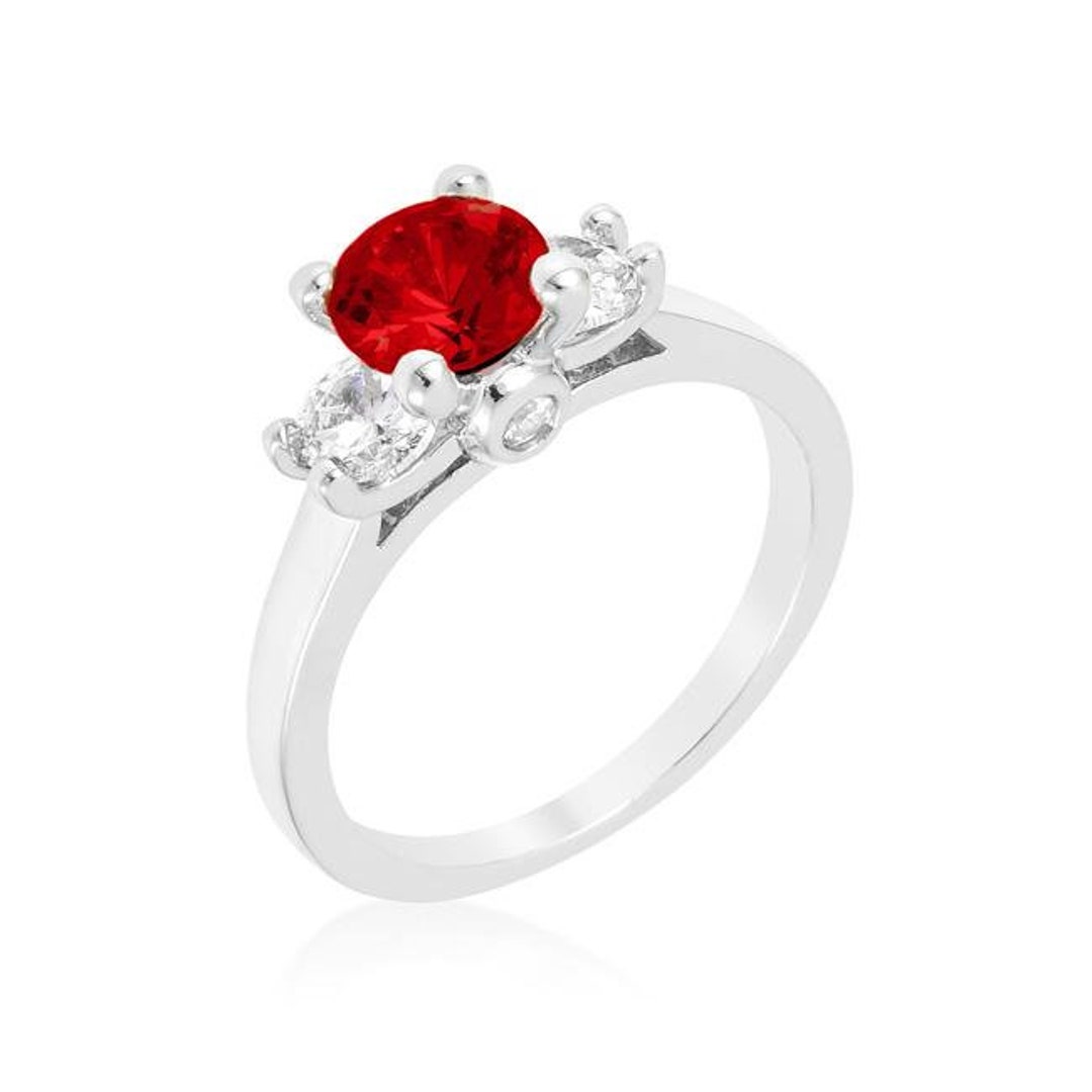 Leana .8ct Ruby Red Round CZ Three Stone CZ Silver Engagement Ring-petite  Ruby Cubic Zirconia Faux Diamond Wedding Promise Anniversary Ring - Etsy