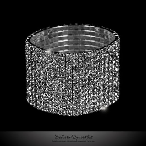 Rhinestone 10 Rolls Stretch Cuff Bracelet, Crystal Round Cut Cluster Cuff, Fashion Cuff, Classic Statement Stretchable Crystal Bracelet