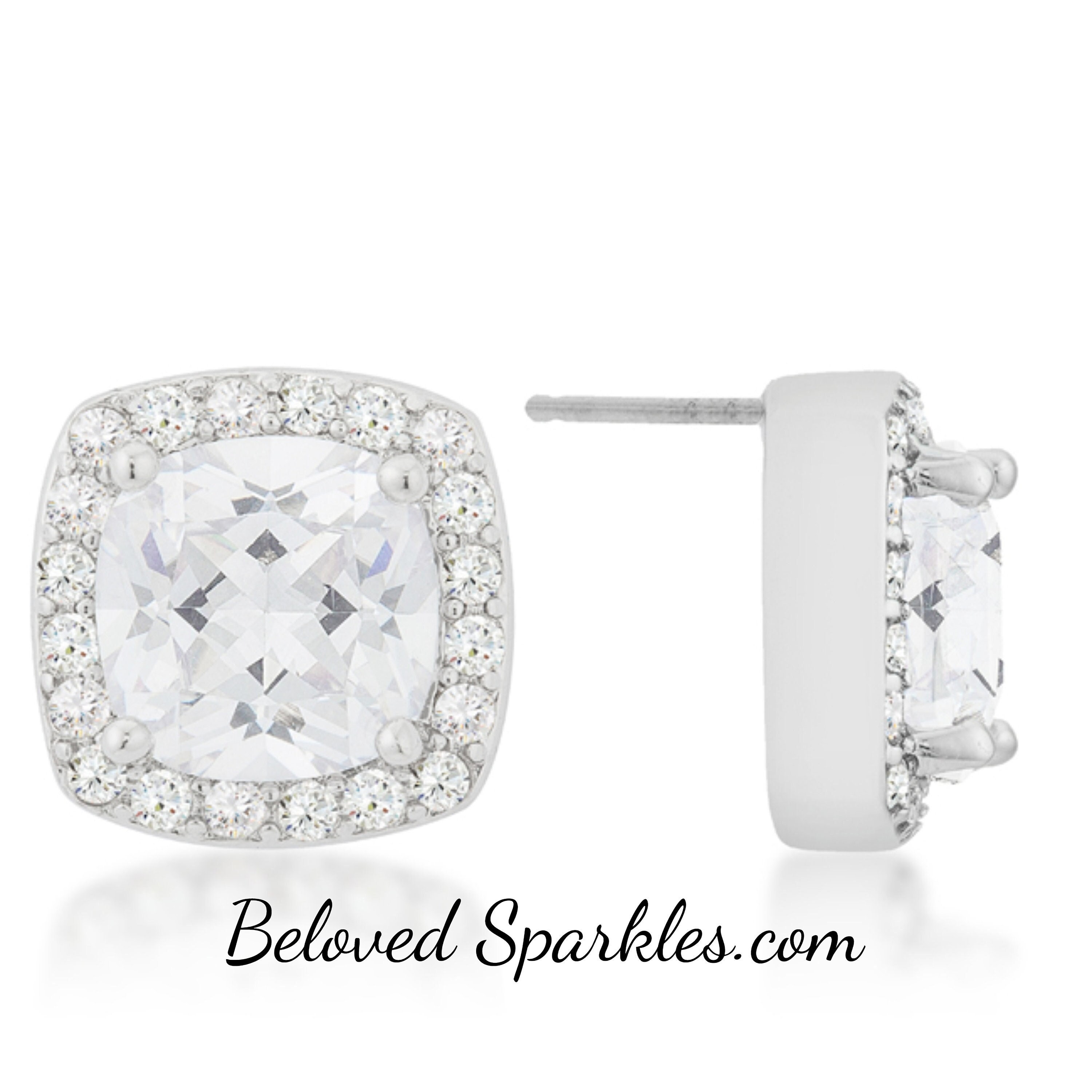 Clarissa 4ct Cushion Cut Cubic Zirconia Silver Stud Earrings-lassic Cushion Halo Silvertone Fashion Wedding Bridal Bridesmaid Studs