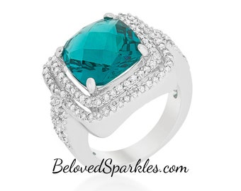 Candy 5ct Faceted Aqua Blue Halo 7ct Cubic Zirconia Silver Cocktail Ring-CZ Aquamarine Solitaire CZ  Silvertone Cocktail Statement Ring