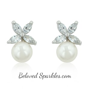 Misty Stimulate White Pearl Marquise CZ Studs-Flower Marquise Faux Pearl Cubic Zirconia Stud Earrings-Wedding Bridal Bridesmaid Earrings