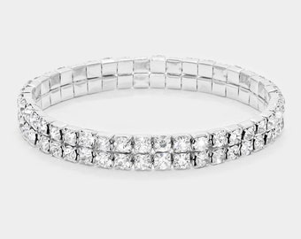 Nicky Crystal 2 Rolls Bangle Cuff Stretch Bracelet-Rhinestone Cluster Bridal Rhinestone Statement Stretchable Wedding Bridesmaid Bracelet