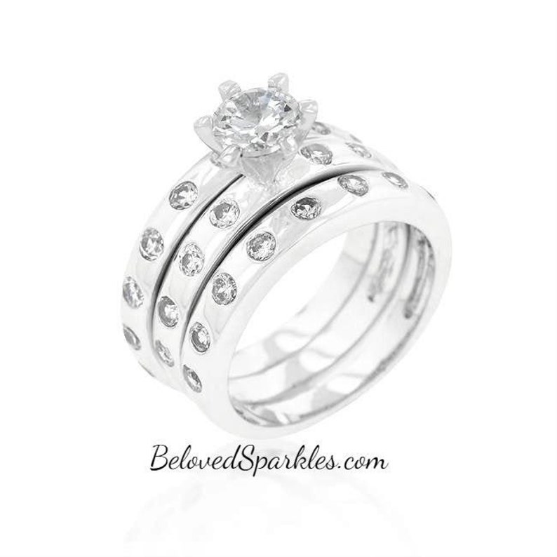 Lorenza 1ct Round Bezel Set Cubic Zirconia 4.5ct Engagement and Wedding Ring Set-Round CZ Solitaire Bezel Set Triple Bridal Anniversary Ring