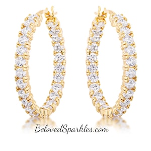 Abella 1.25&quot; Inside Outside 3mm CZ Gold Hoop Earrings-33mm Large Cubic Zirconia Stimulate Faux Diamond Goldtone Eternity Circle Hoops