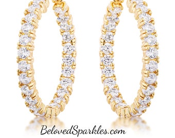 Abella 1.25&quot; Inside Outside 3mm CZ Gold Hoop Earrings-33mm Large Cubic Zirconia Stimulate Faux Diamond Goldtone Eternity Circle Hoops