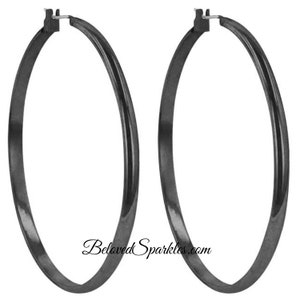 Flavila 2 Inch Large Black Hematite Hoop Earrings-Classic 55mm Gunmetal Big Fashion Hoops Earrings-Bridesmaid Hoop Earrings