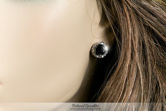 ピアス [BLACKMUSE] Embossed ball Earrings Isla Black Onyx 0.75ct 5mm Black CZ Round Halo Stud Earrings