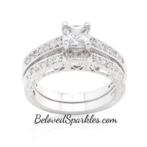 Lupe .5ct Princess Cut CZ Filigree Engagement and Wedding Ring Set-2ct CZ Faux Diamond Vintage Bridal Wedding Anniversary Promise Ring Set