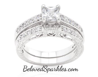 Grable .8ct Cushion Cubic Zirconia Halo 1.5ct Engagement Wedding Ring Set-Bridal 3.5ct Cubic Zirconia Wedding Anniversary Ring Set-ER108439