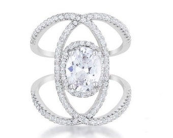 Maura 9x7mm (2ct) Oval Cut Cubic Zirconia Contemporary Cocktail Ring - 3 carat Wide Band Silver Engagement Wedding Anniversary Ring