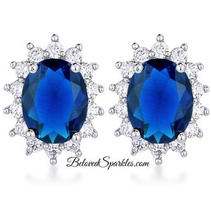 Chesna Oval Sapphire Halo 2ct  Cubic Zirconia Silver Stud Earrings-Petite Sapphire Blue CZ Studs Earrings-Sapphire Halo CZ Fashion Earrings