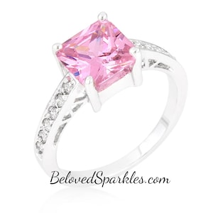 Barrie 8mm 2ct Princess Cut in Pink - Canary Yellow - Aqua Blue - Tanzanite Purple Solitaire Cubic Zirconia Silver Engagement Cocktail Ring