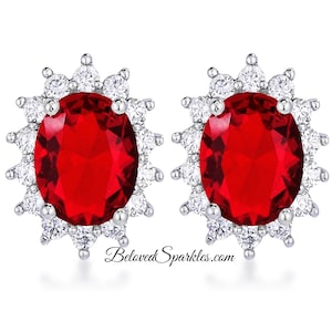 Chesna Oval Ruby Halo 2ct  Cubic Zirconia Silver Stud Earrings-Petite Ruby Red CZ Studs Earrings-Ruby Red Halo CZ Fashion Earrings