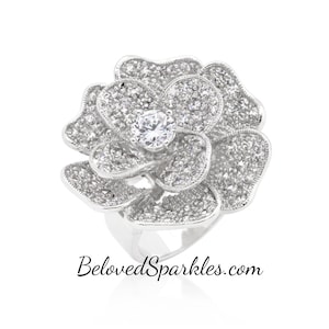 Frawn 9 Carat Large Flower Cocktail Statement Cubic Zirconia Ring-Romantic Vintage Floral Engagement Statement Wedding Anniversary Ring