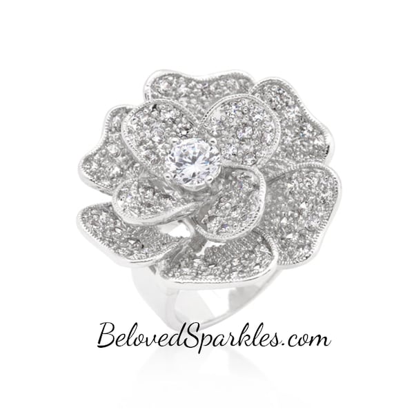 Frawn 9 Carat Large Flower Cocktail Statement Cubic Zirconia Ring-Romantic Vintage Floral Engagement Statement Wedding Anniversary Ring