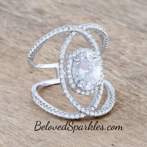 Maura 9mm Oval2ct Cubic Zirconia Contemporary Cocktail Ring-Clear 4.2ct Faux Diamond CZ Silver Engagement Wedding Anniversary Statement Ring