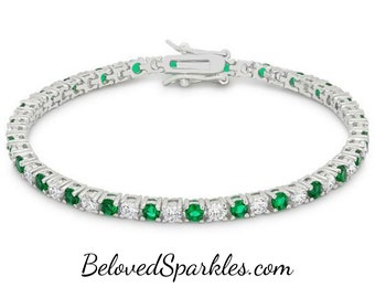 Cassidy 3mm Emerald Green 10ct Cubic Zirconia 7in Tennis Bracelet-Green Faux Diamond Round Cut CZ Bridal Wedding Daily Fashion Bracelet