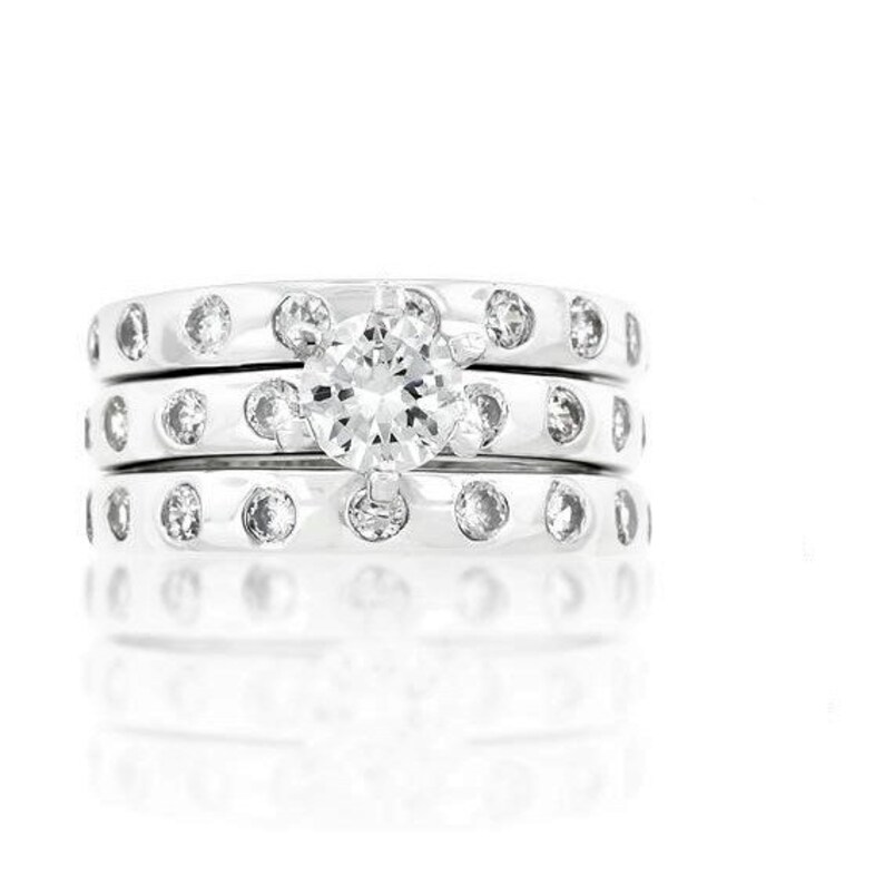 Lorenza 1ct Round Bezel Set Cubic Zirconia 4.5ct Engagement and Wedding Ring Set-Round CZ Solitaire Bezel Set Triple Bridal Anniversary Ring