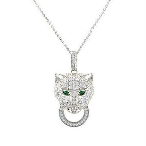Abella Cubic Zirconia Panther Silver Pendant - Paved CZ Panther with Emerald Green Eyes Pendant