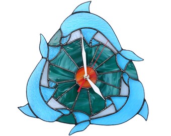 Blue Dolphin Wall Clock 10 Inch Nautical Stained Glass - Unique Ocean Theme Home Decor