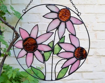 Pink Purple Coneflowers Round Stained Glass Panel. Echinacea Flower Suncatcher