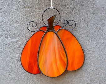 Orange Pumpkin Stained Glass Suncatcher Window Hanging - Fall Vegetable Sun Catcher for Kitchen