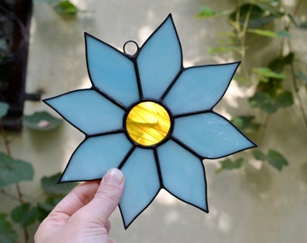 Turquoise Blue Stained Glass Flower Suncatcher