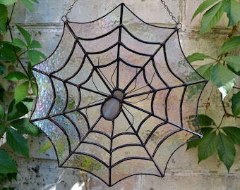 Spiderweb Stained Glass Panel 10 Inch Window Hanging or Wall Decor