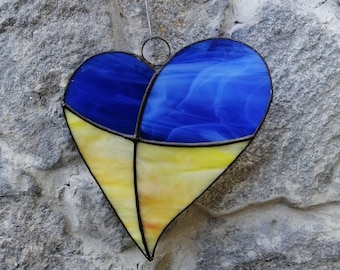 Ukraine Flag Heart Stained Glass Suncatcher. Ukrainian Heart Sun Catcher