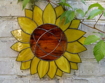 Large Yellow Sunflower Stained Glass Suncatcher Window Hanging or Wall Decor