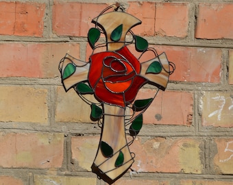 Rosicrucian Cross - Red Rose Stained Glass Cross Suncatcher Decor