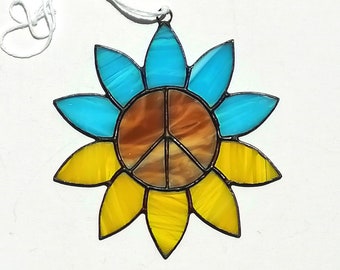 Ukrainian Sunflower Stained Glass Ukraine Suncatcher with Peace Sign