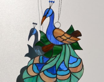 Large Stained Glass Peacock Suncatcher Window Hanging or Wall Decor. Boho Style Beautiful Bird on a Branch with Leaves Panel