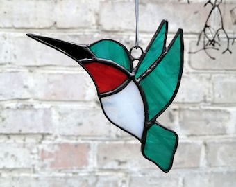 Hummingbird Stained Glass Window Hanging, Ruby Throated Humming Bird Suncatcher
