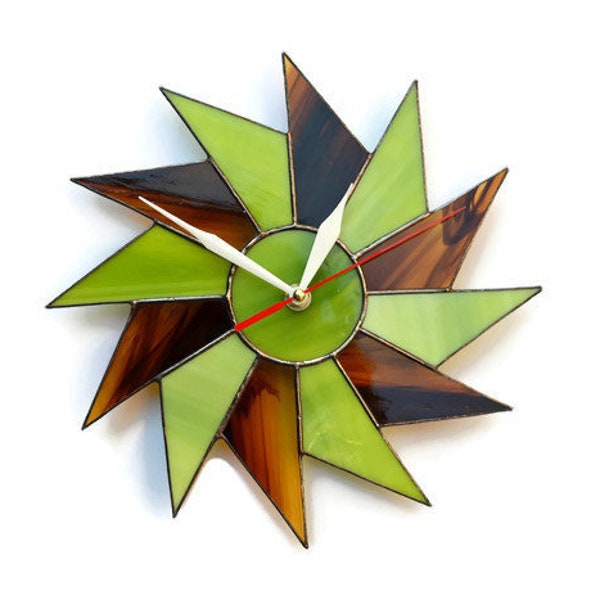 Mid Century Modern Wall Clock 10 / 14 Inch Green Brown - Artistic Stained Glass Starburst Clock