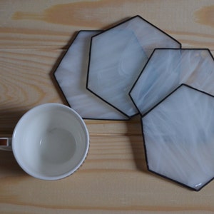 Modern White Hexagon Coasters for Drink Set of 4 Unique Stained Glass Decor for Kitchen or Dining Room image 1