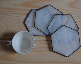 Modern White Hexagon Coasters for Drink Set of 4 - Unique Stained Glass Decor for Kitchen or Dining Room