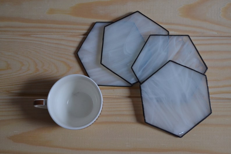 Modern White Hexagon Coasters for Drink Set of 4 Unique Stained Glass Decor for Kitchen or Dining Room image 1