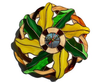 Autumn Oak Leaves Wall Clock 12 Inch - Boho Fall Theme Stained Glass Decor