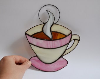 Stained Glass Coffee Cup Suncatcher for Wall or Window Hanging Pink Ivory for Kitchen, Living, Dining Room