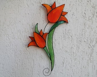 Orange Lily Flower Stained Glass Panel. Lillies Wall Decor. Lilium Stargazer Suncatcher Window Hanging