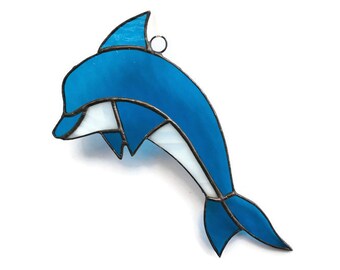 Stained Glass Dolphin Suncatcher - Blue Sea Creature Sun Catcher Window Hanging