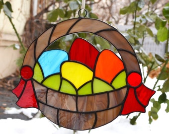 Stained Glass Easter Basket Suncatcher for Window Hanging or Wall Decor